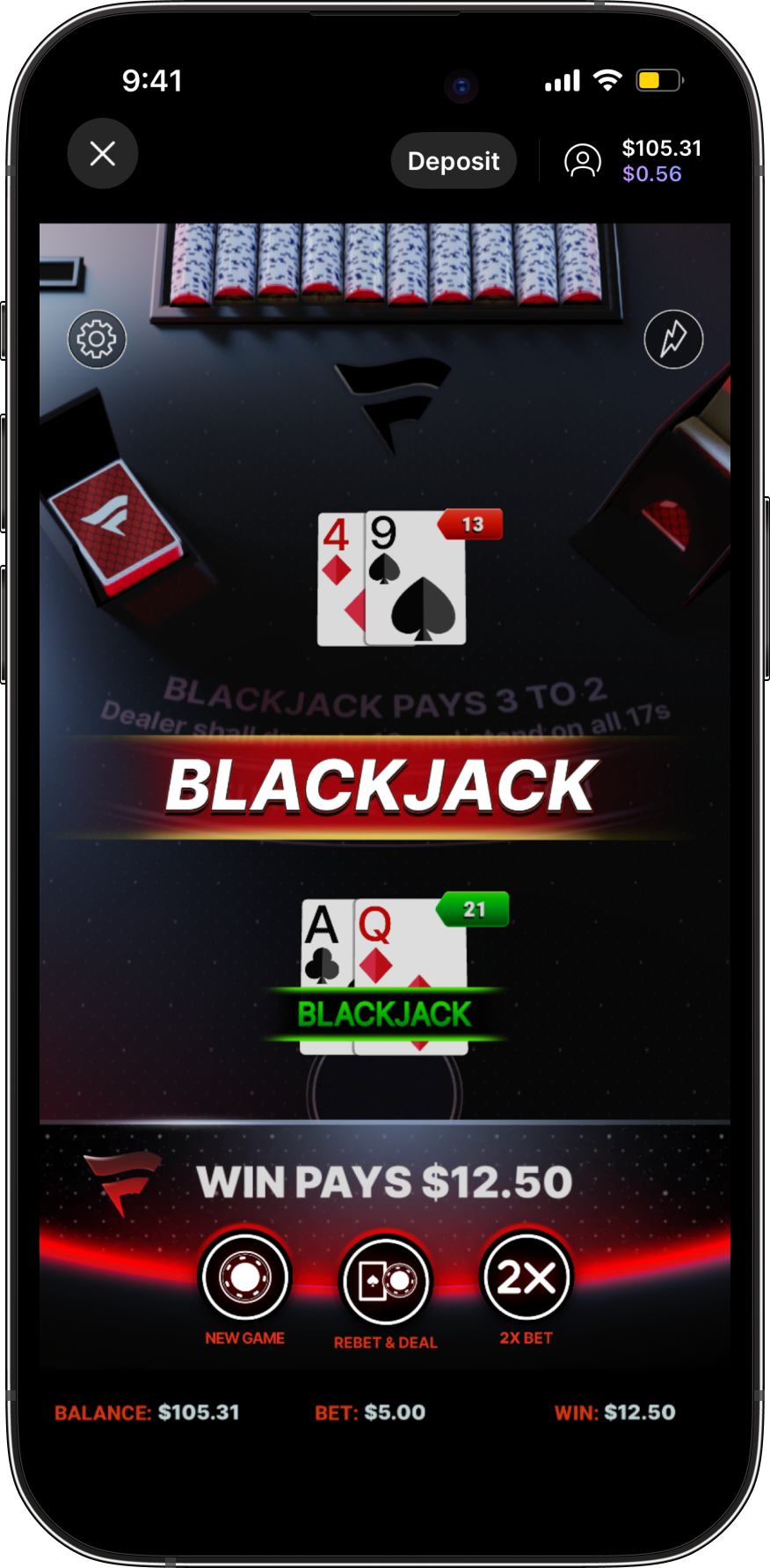 Screenshot of Fanatics Blackjack.